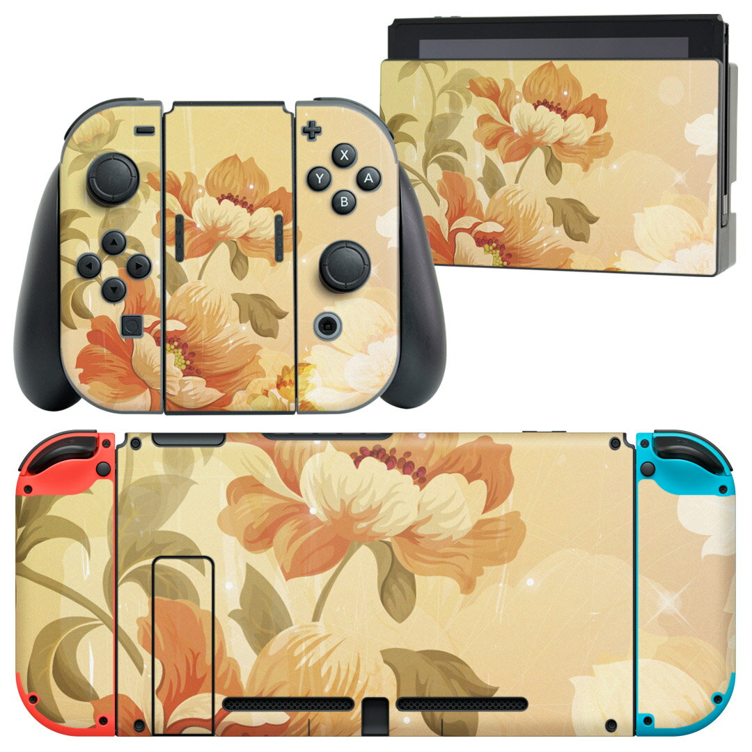 igsticker Nintendo Switch 用 デザインスキンシール 任天堂 ニンテンドー スイッチ 専用 本体ドック Joy-Con Joycon ジョイコン 専用 ゲーム機 カバー アクセサリー フィルム ステッカー 001917 花 レトロ