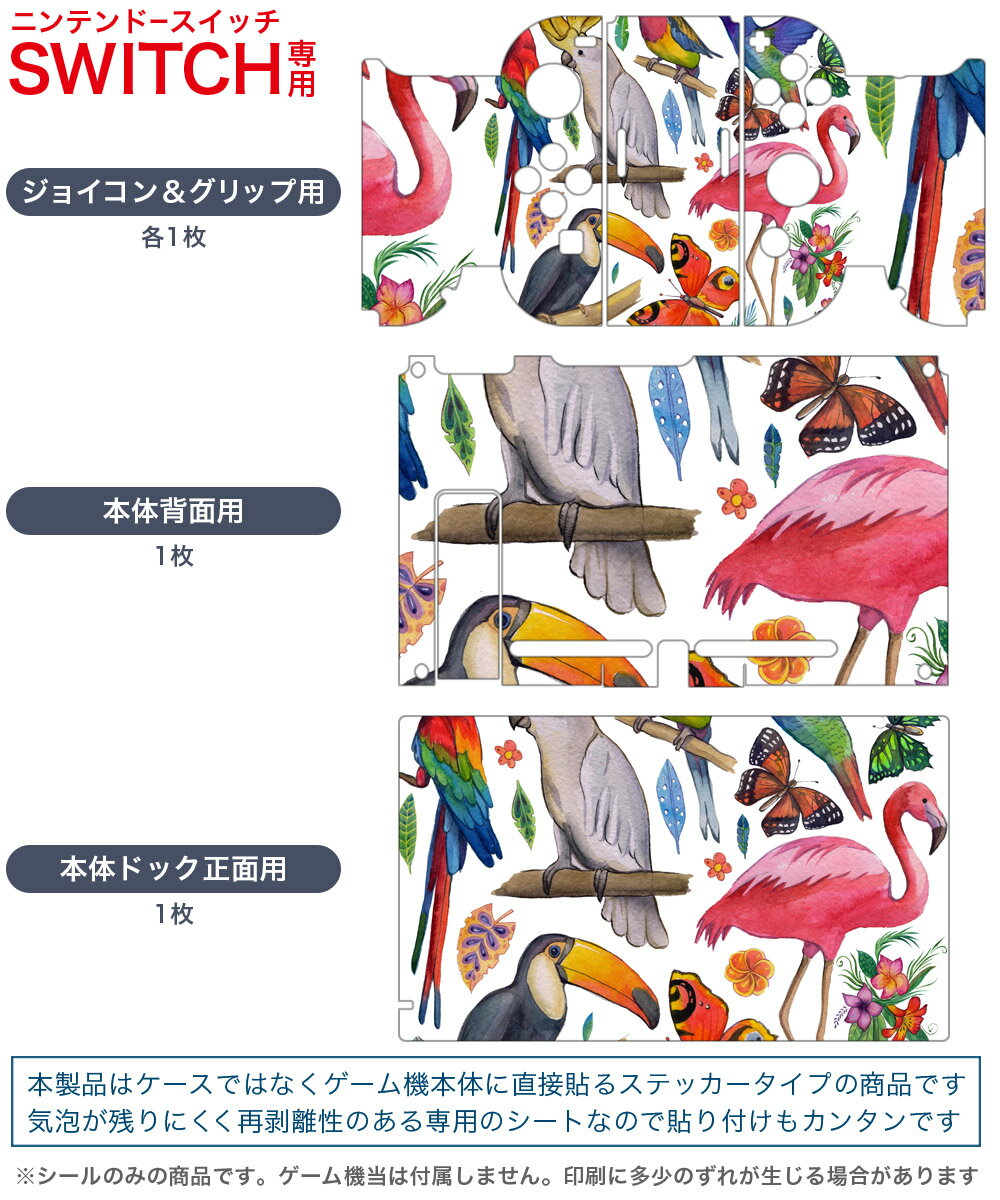 igsticker Nintendo Switch 用 デザインスキンシール 任天堂 ニンテンドー スイッチ 専用 本体ドック Joy-Con Joycon ジョイコン 専用 ゲーム機 カバー アクセサリー フィルム ステッカー 014839 鳥　カラフル　動物
