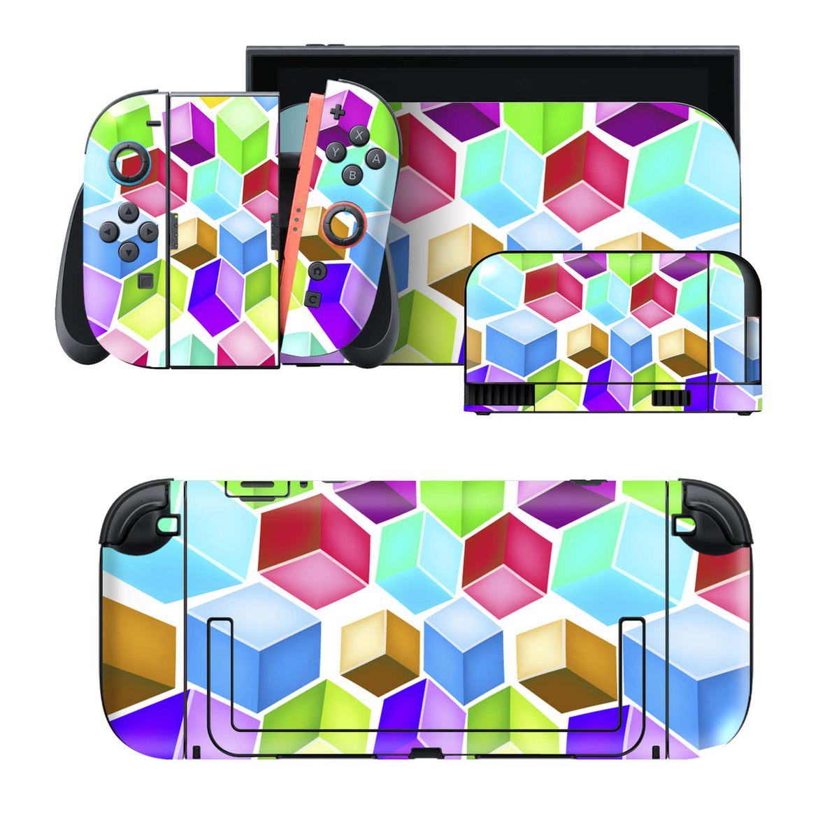 Nintendo Switch 2 用のデザインスキンシール。本体裏面・ドック正面・ドック側面・Joy-Con 2 用の4面セット。20,000柄以上から選べる、貼るデザイン。