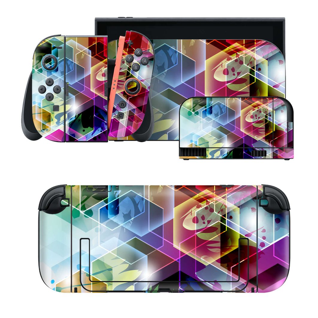 Nintendo Switch 2 用のデザインスキンシール。本体裏面・ドック正面・ドック側面・Joy-Con 2 用の4面セット。20,000柄以上から選べる、貼るデザイン。