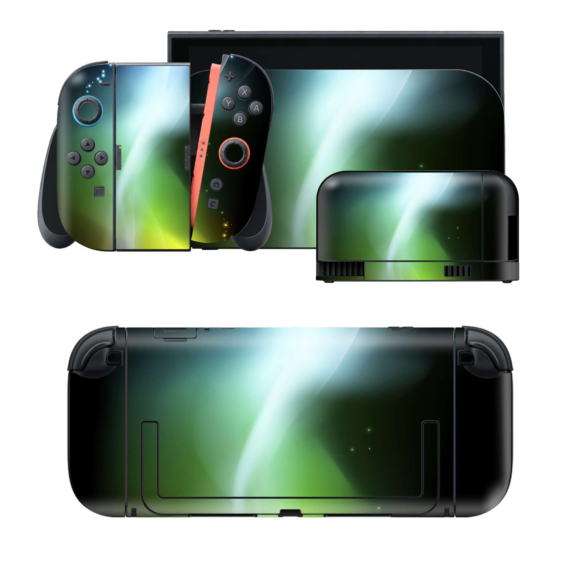 Nintendo Switch 2 用のデザインスキンシール。本体裏面・ドック正面・ドック側面・Joy-Con 2 用の4面セット。20,000柄以上から選べる、貼るデザイン。