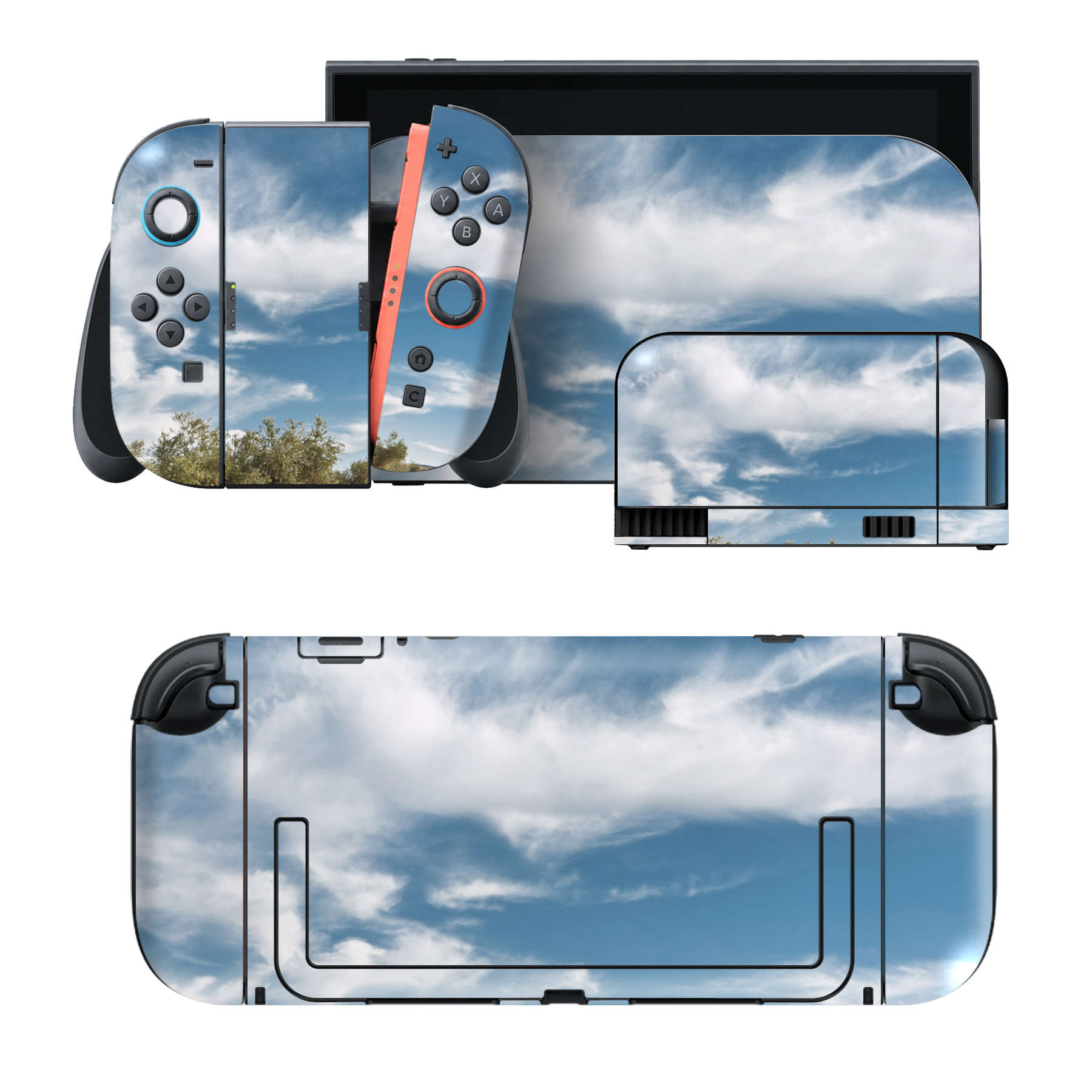 Nintendo Switch 2 用のデザインスキンシール。本体裏面・ドック正面・ドック側面・Joy-Con 2 用の4面セット。20,000柄以上から選べる、貼るデザイン。