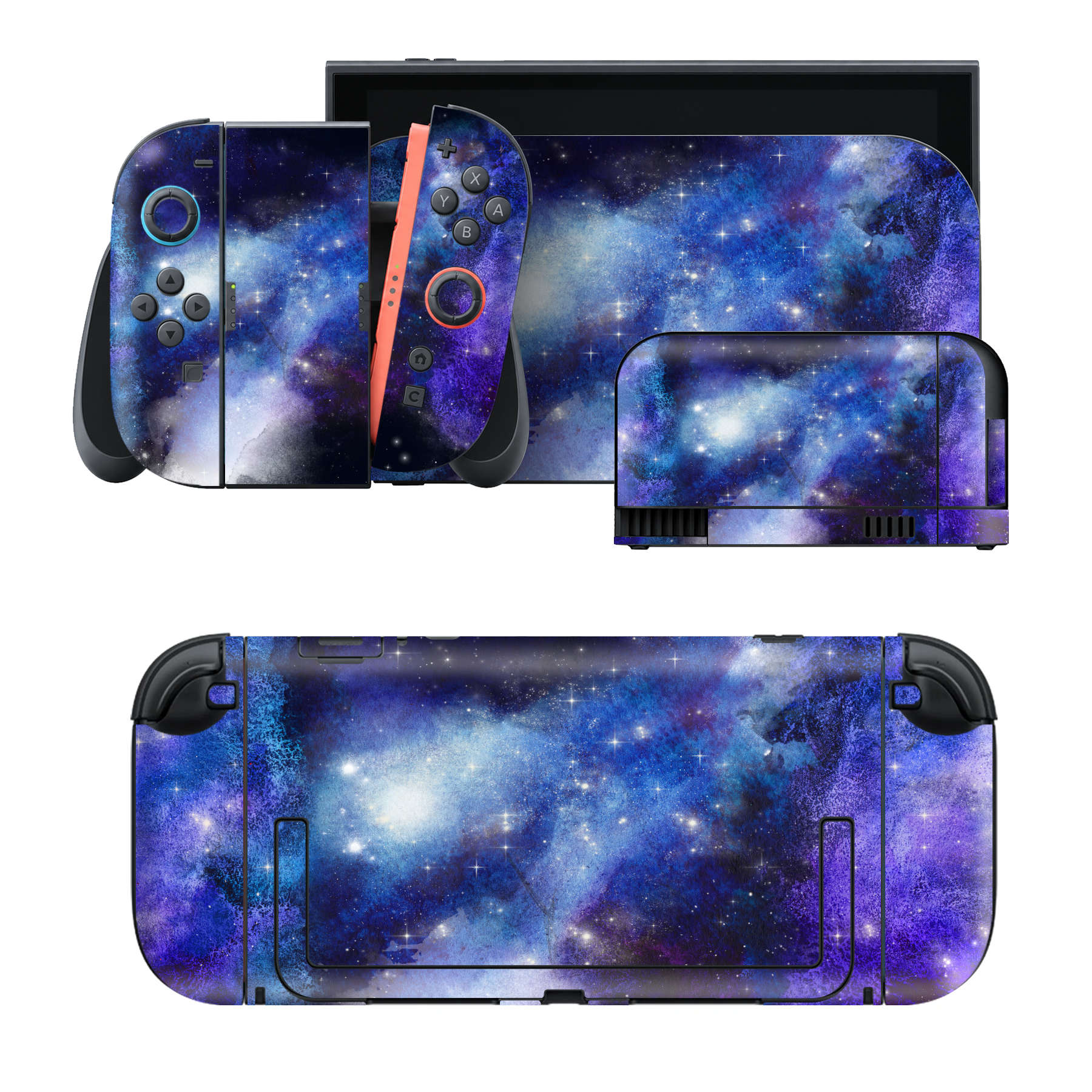Nintendo Switch 2 用のデザインスキンシール。本体裏面・ドック正面・ドック側面・Joy-Con 2 用の4面セット。20,000柄以上から選べる、貼るデザイン。