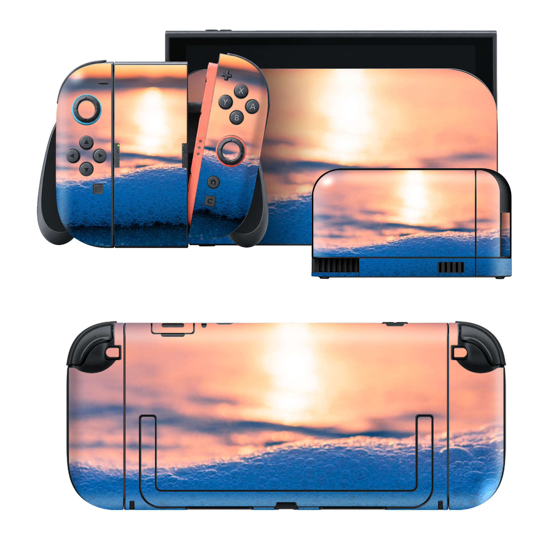 Nintendo Switch 2 用のデザインスキンシール。本体裏面・ドック正面・ドック側面・Joy-Con 2 用の4面セット。20,000柄以上から選べる、貼るデザイン。