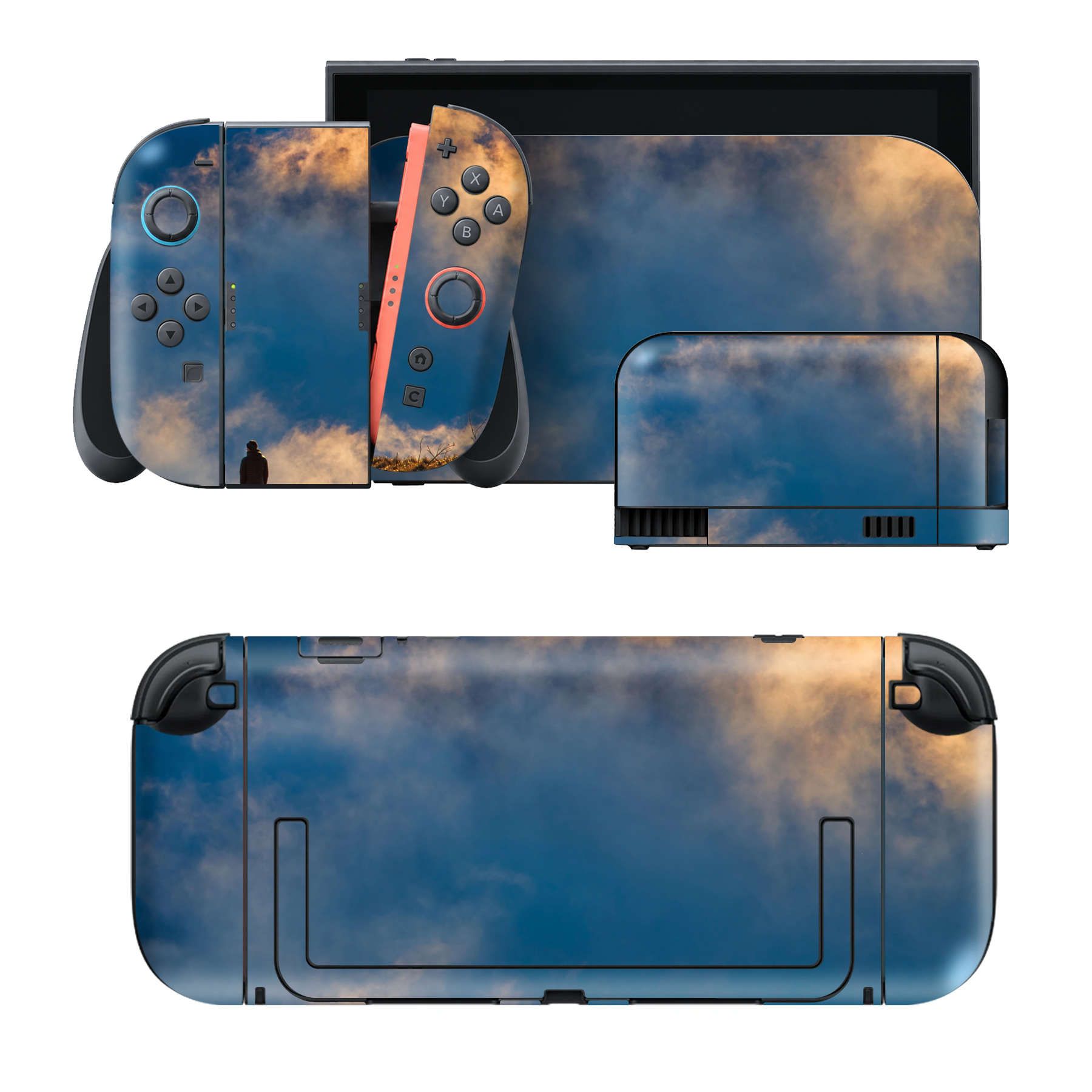 Nintendo Switch 2 用のデザインスキンシール。本体裏面・ドック正面・ドック側面・Joy-Con 2 用の4面セット。20,000柄以上から選べる、貼るデザイン。