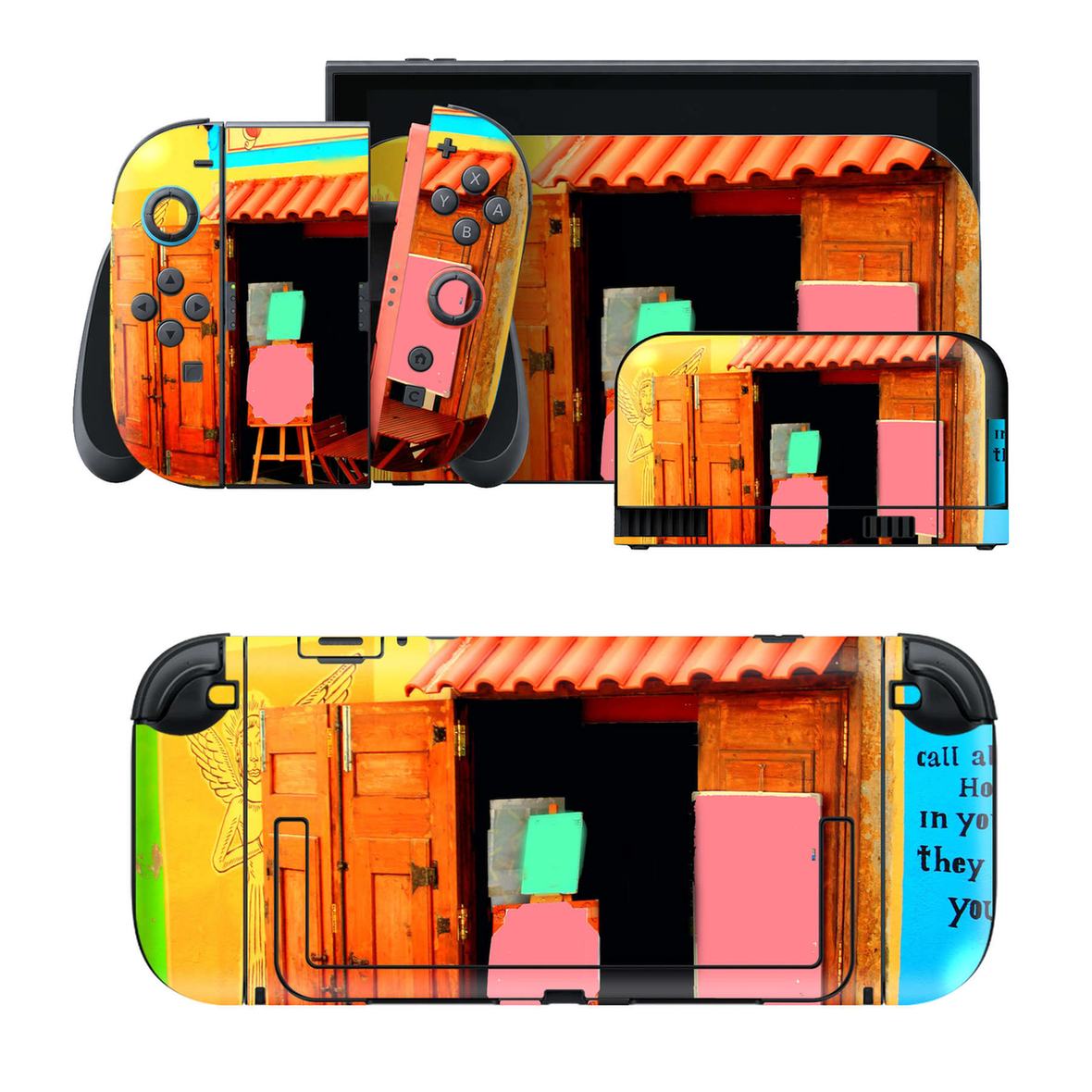 Nintendo Switch 2 用のデザインスキンシール。本体裏面・ドック正面・ドック側面・Joy-Con 2 用の4面セット。20,000柄以上から選べる、貼るデザイン。