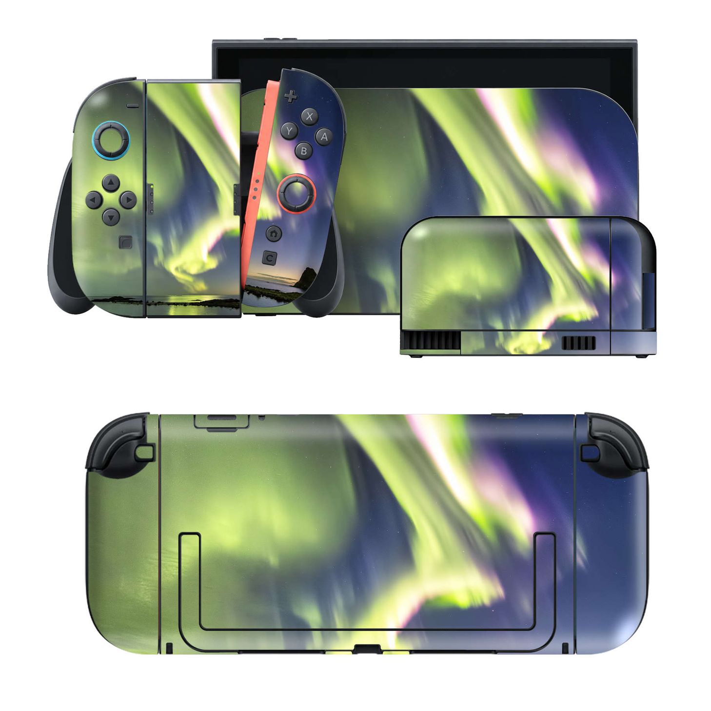 Nintendo Switch 2 用のデザインスキンシール。本体裏面・ドック正面・ドック側面・Joy-Con 2 用の4面セット。20,000柄以上から選べる、貼るデザイン。