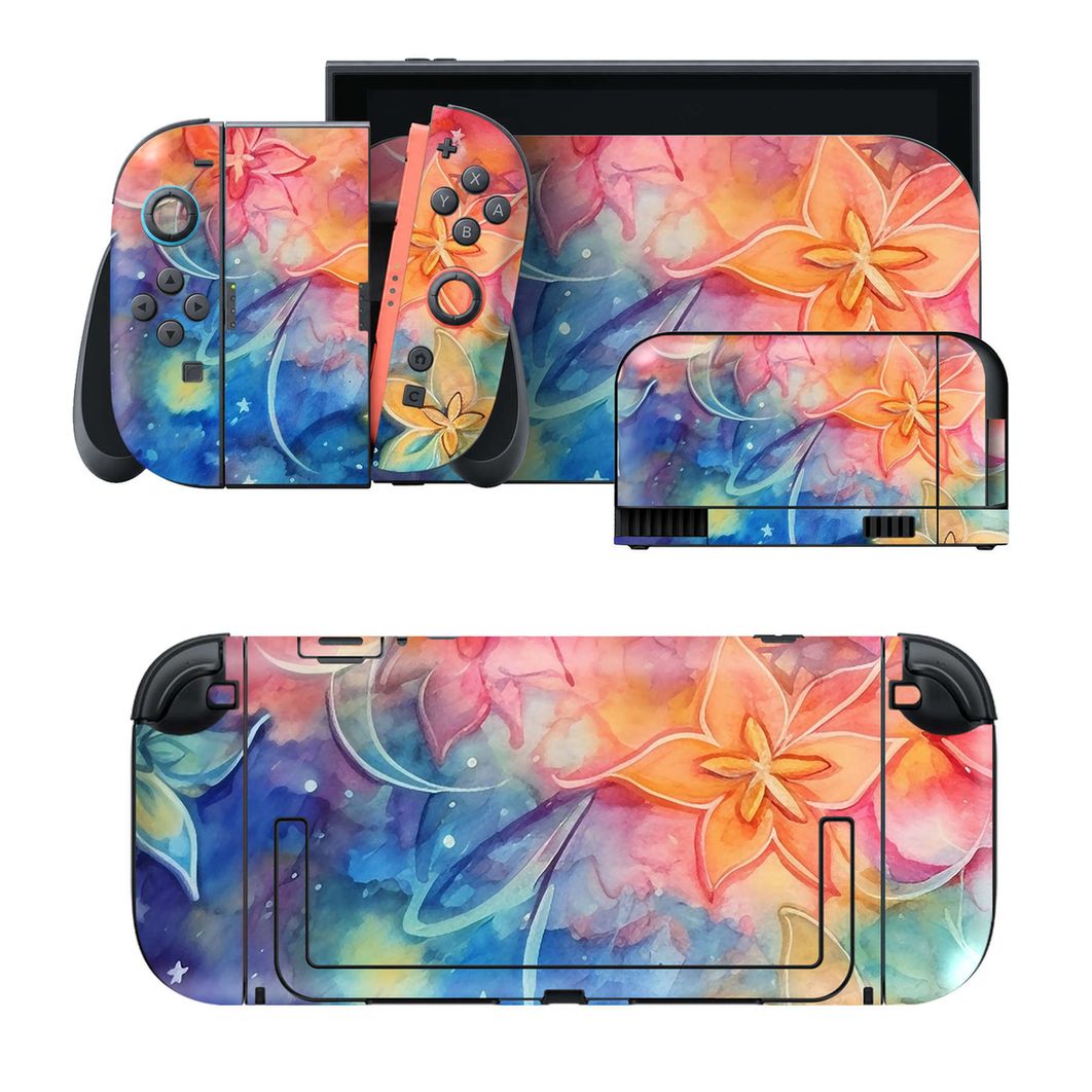 Nintendo Switch 2 用のデザインスキンシール。本体裏面・ドック正面・ドック側面・Joy-Con 2 用の4面セット。20,000柄以上から選べる、貼るデザイン。