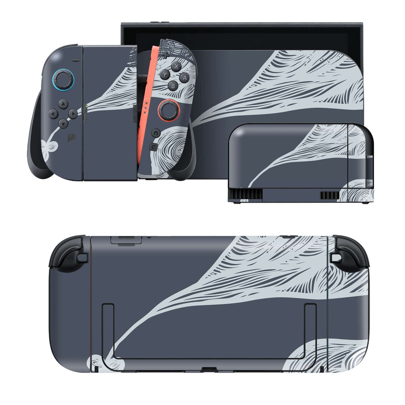 Nintendo Switch 2 用のデザインスキンシール。本体裏面・ドック正面・ドック側面・Joy-Con 2 用の4面セット。20,000柄以上から選べる、貼るデザイン。