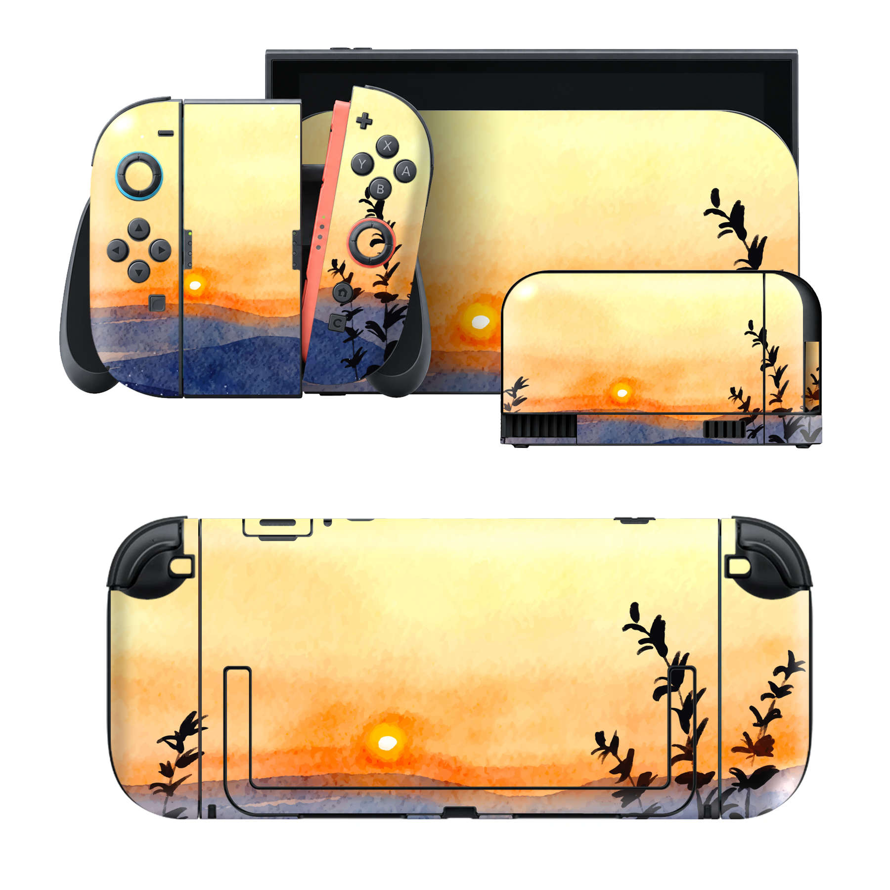 Nintendo Switch 2 用のデザインスキンシール。本体裏面・ドック正面・ドック側面・Joy-Con 2 用の4面セット。20,000柄以上から選べる、貼るデザイン。