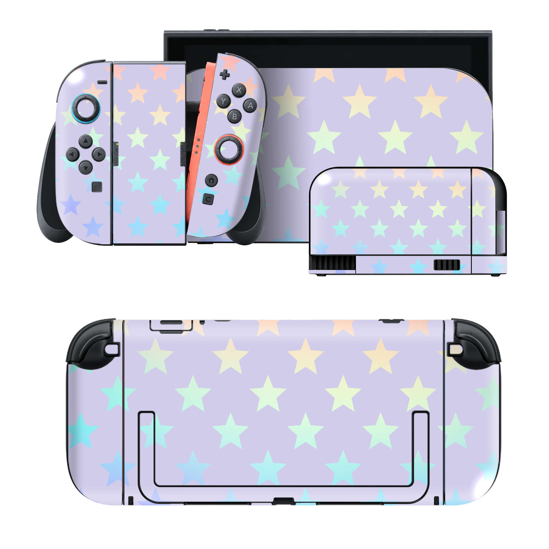 Nintendo Switch 2 用のデザインスキンシール。本体裏面・ドック正面・ドック側面・Joy-Con 2 用の4面セット。20,000柄以上から選べる、貼るデザイン。