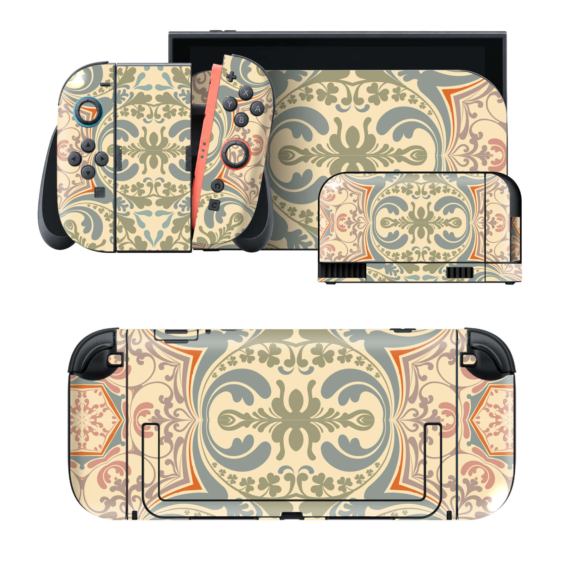 Nintendo Switch 2 用のデザインスキンシール。本体裏面・ドック正面・ドック側面・Joy-Con 2 用の4面セット。20,000柄以上から選べる、貼るデザイン。