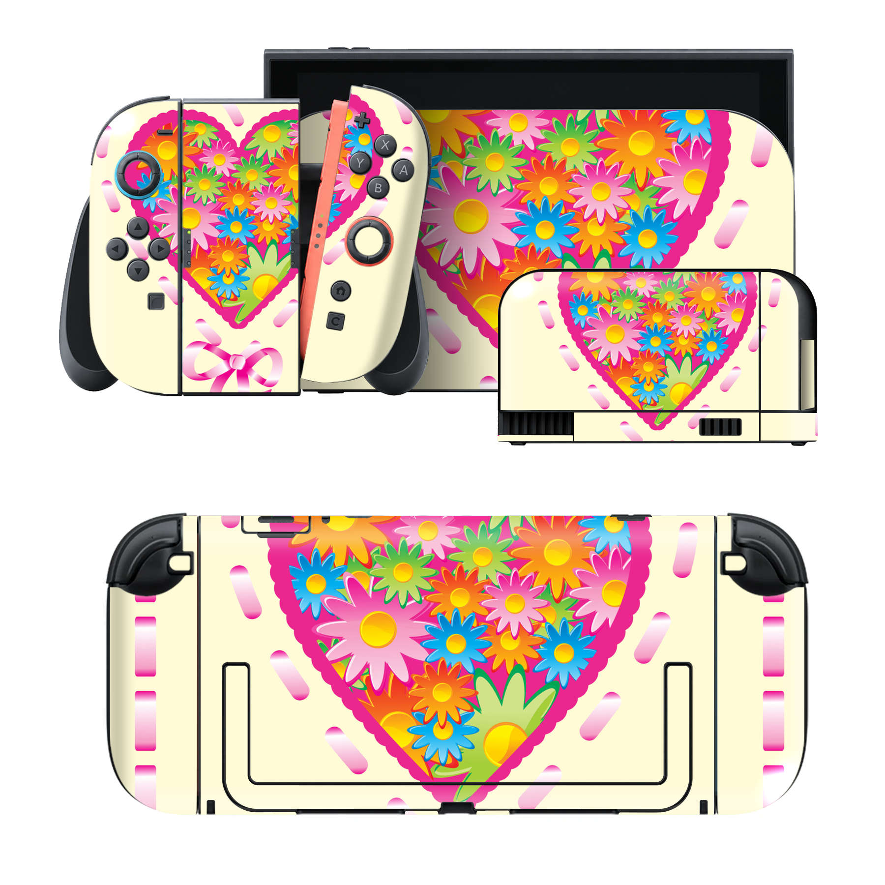 Nintendo Switch 2 用のデザインスキンシール。本体裏面・ドック正面・ドック側面・Joy-Con 2 用の4面セット。20,000柄以上から選べる、貼るデザイン。