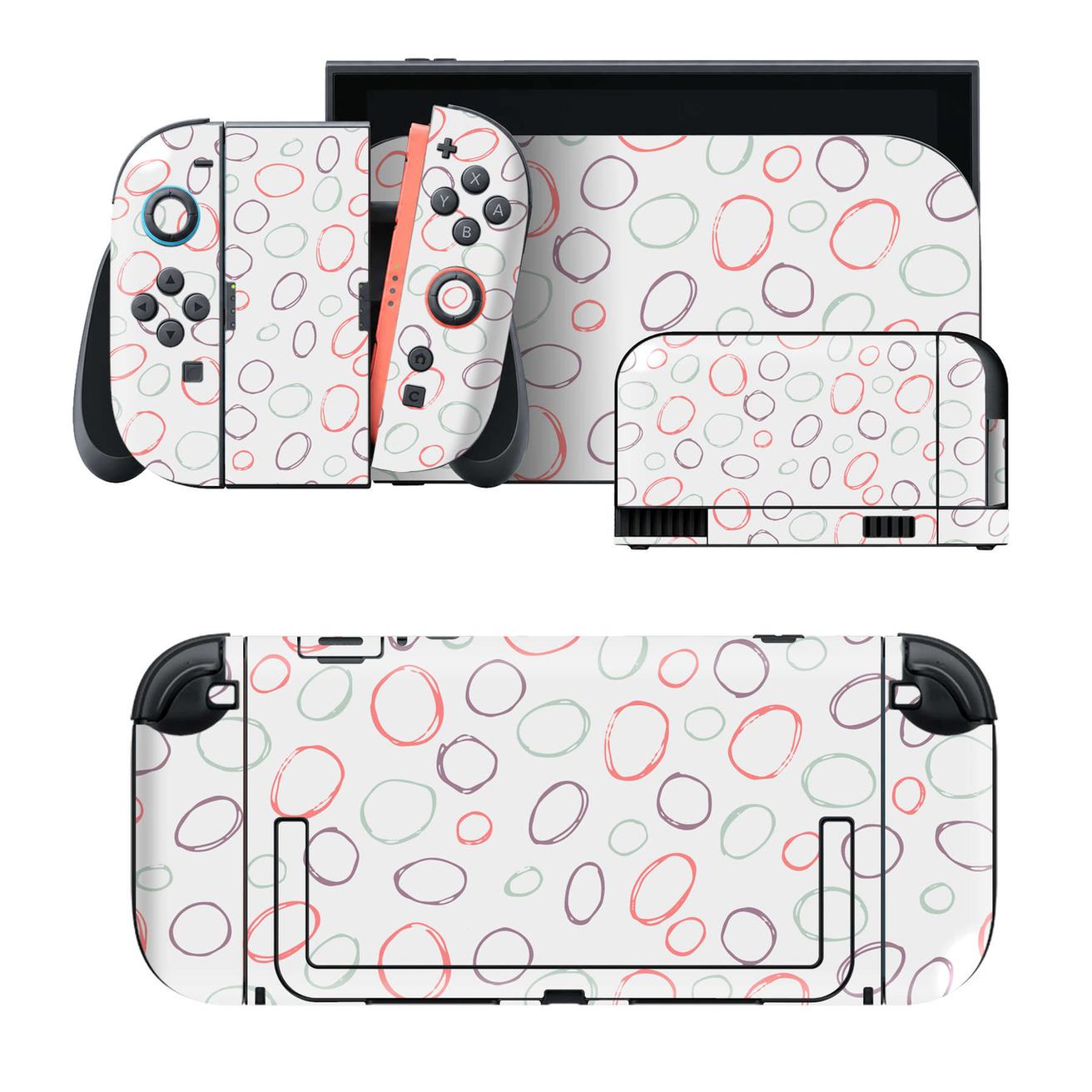 Nintendo Switch 2 用のデザインスキンシール。本体裏面・ドック正面・ドック側面・Joy-Con 2 用の4面セット。20,000柄以上から選べる、貼るデザイン。
