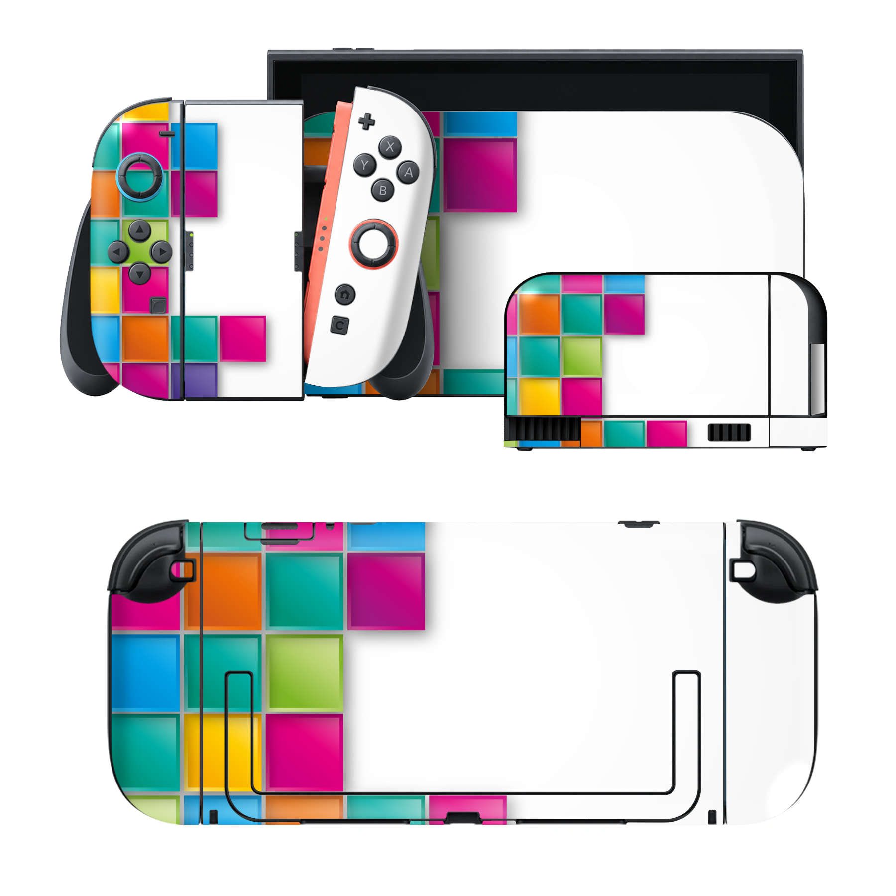 Nintendo Switch 2 用のデザインスキンシール。本体裏面・ドック正面・ドック側面・Joy-Con 2 用の4面セット。20,000柄以上から選べる、貼るデザイン。