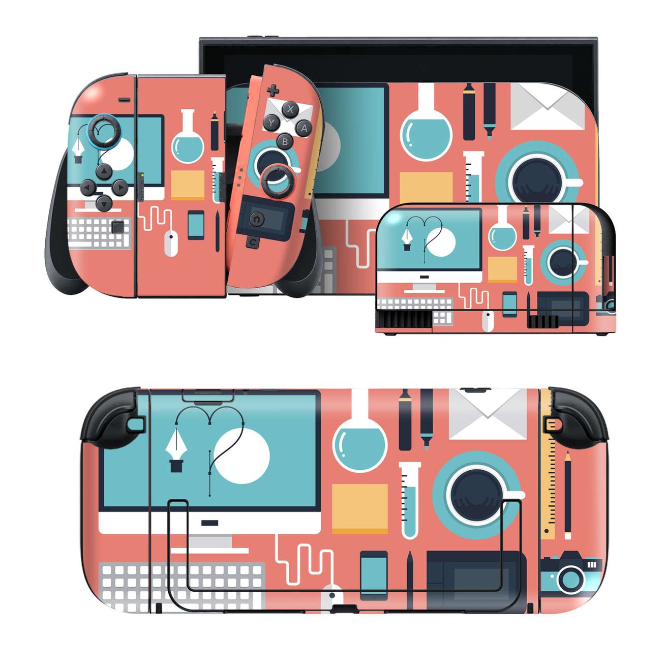 Nintendo Switch 2 用のデザインスキンシール。本体裏面・ドック正面・ドック側面・Joy-Con 2 用の4面セット。20,000柄以上から選べる、貼るデザイン。