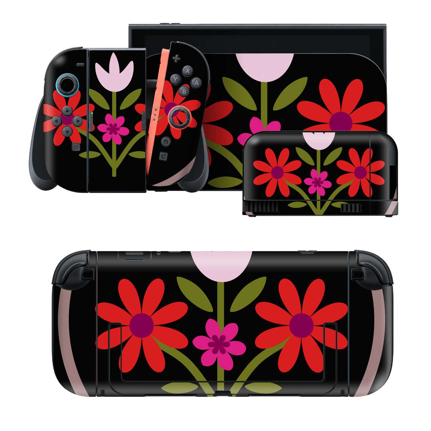 Nintendo Switch 2 用のデザインスキンシール。本体裏面・ドック正面・ドック側面・Joy-Con 2 用の4面セット。20,000柄以上から選べる、貼るデザイン。
