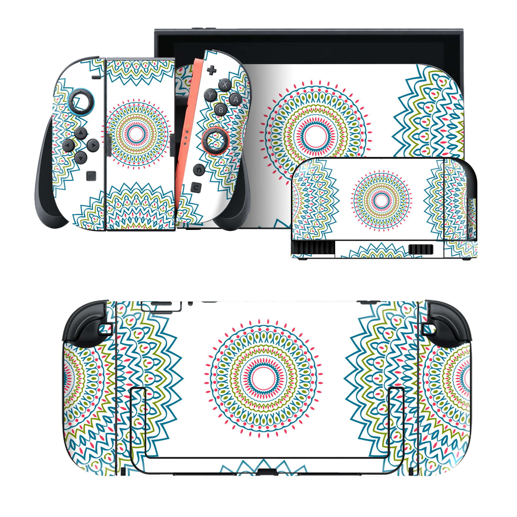 Nintendo Switch 2 用のデザインスキンシール。本体裏面・ドック正面・ドック側面・Joy-Con 2 用の4面セット。20,000柄以上から選べる、貼るデザイン。