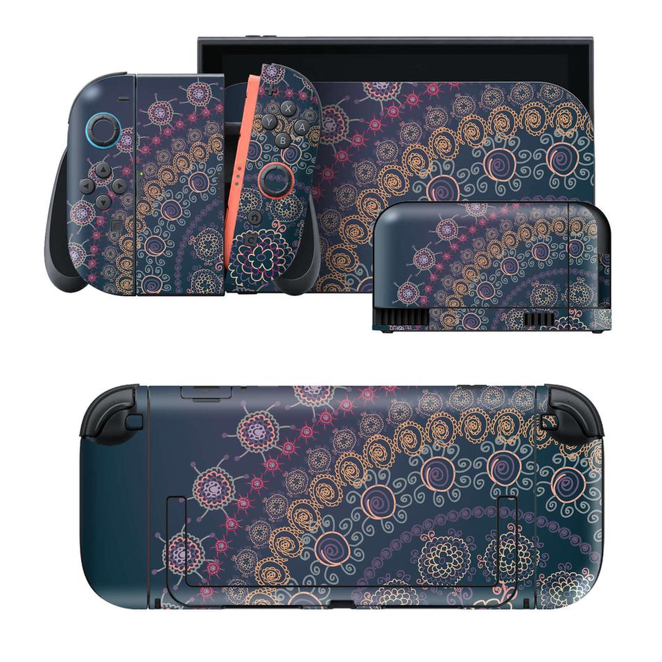 Nintendo Switch 2 用のデザインスキンシール。本体裏面・ドック正面・ドック側面・Joy-Con 2 用の4面セット。20,000柄以上から選べる、貼るデザイン。