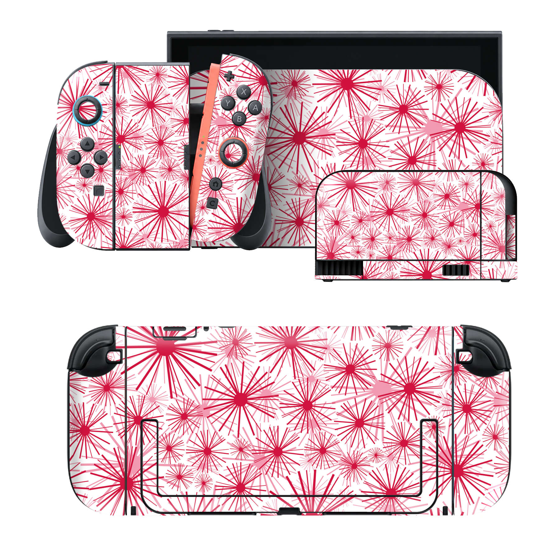 Nintendo Switch 2 用のデザインスキンシール。本体裏面・ドック正面・ドック側面・Joy-Con 2 用の4面セット。20,000柄以上から選べる、貼るデザイン。