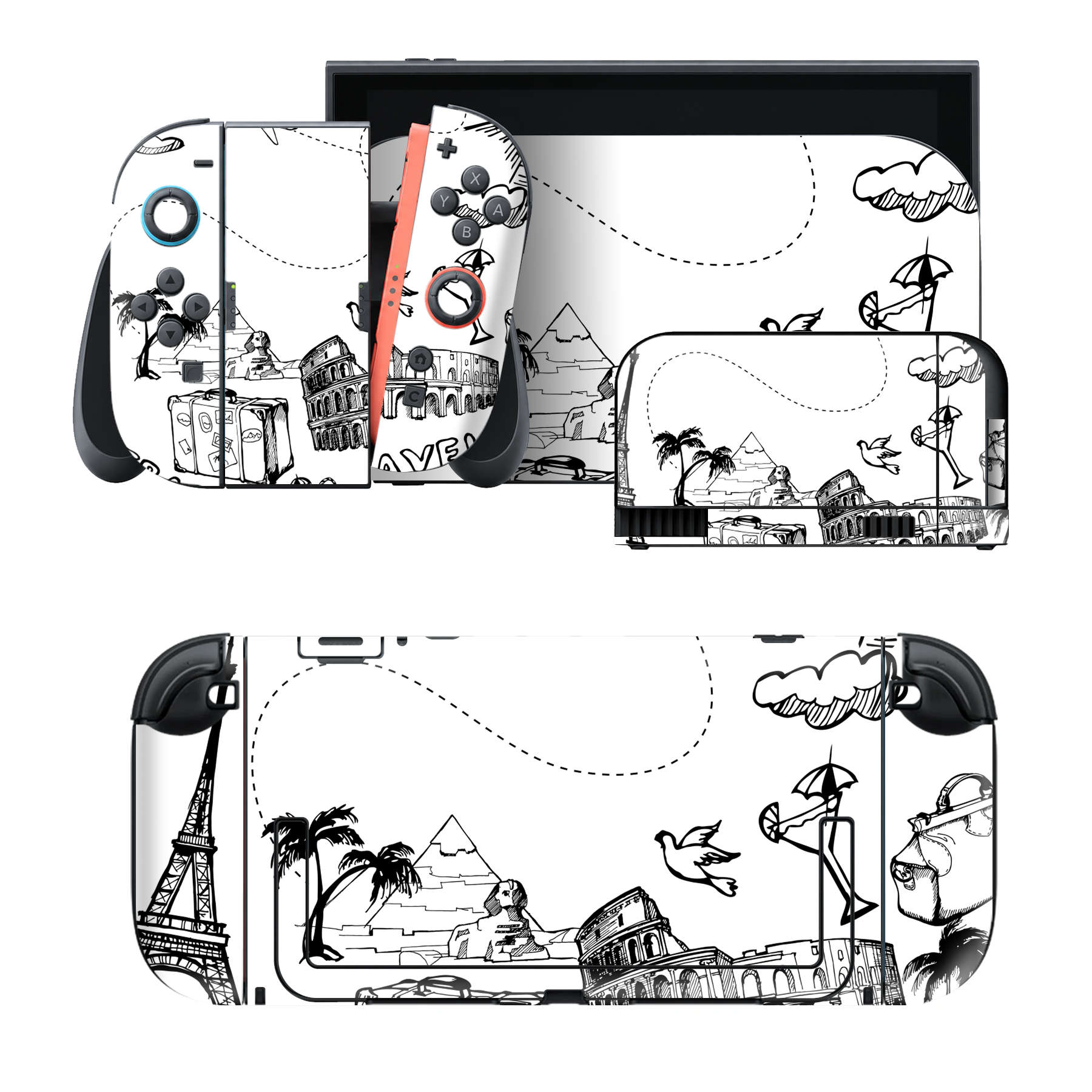 Nintendo Switch 2 用のデザインスキンシール。本体裏面・ドック正面・ドック側面・Joy-Con 2 用の4面セット。20,000柄以上から選べる、貼るデザイン。