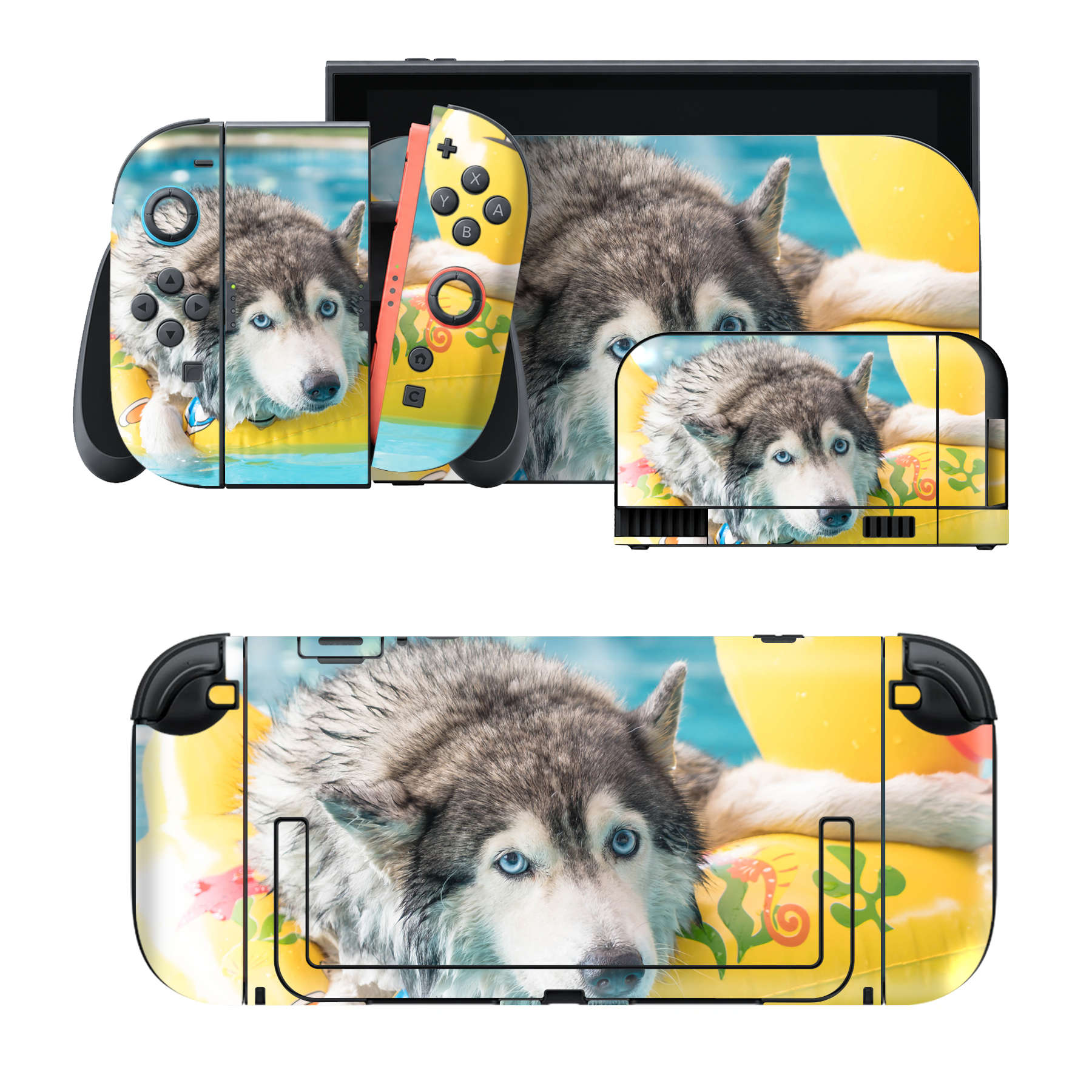 Nintendo Switch 2 用のデザインスキンシール。本体裏面・ドック正面・ドック側面・Joy-Con 2 用の4面セット。20,000柄以上から選べる、貼るデザイン。