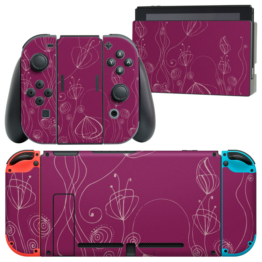 igsticker Nintendo Switch 用 デザインスキンシール 任天堂 ニンテンドー スイッチ 専用 本体ドック Joy-Con Joycon ジョイコン 専用 ゲーム機 カバー アクセサリー フィルム ステッカー 002048 花　　紫