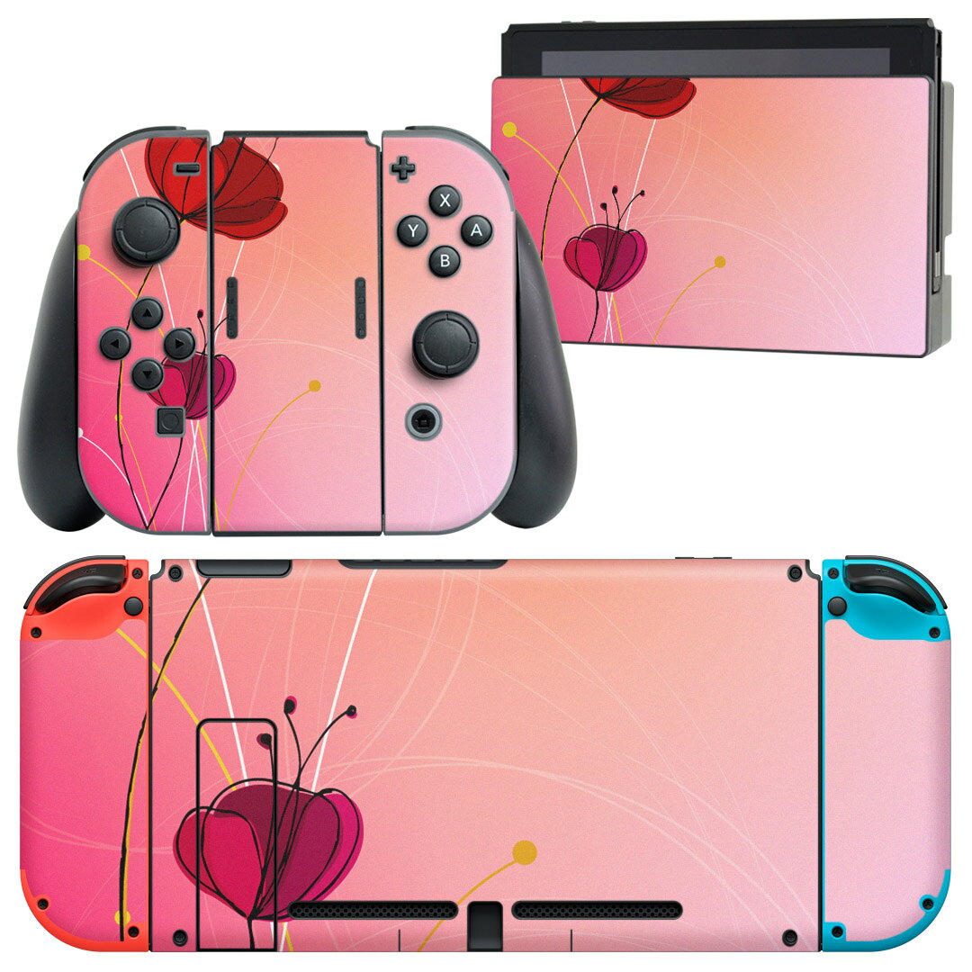 igsticker Nintendo Switch 用 デザインスキンシール 任天堂 ニンテンドー スイッチ 専用 本体ドック Joy-Con Joycon ジョイコン 専用 ゲーム機 カバー アクセサリー フィルム ステッカー 002049 花　　赤