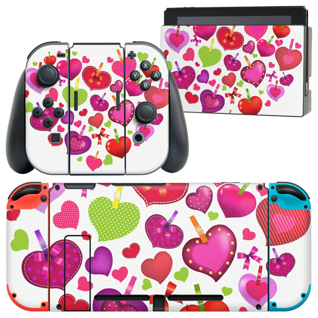igsticker Nintendo Switch 用 デザインスキンシール 任天堂 ニンテンドー スイッチ 専用 本体ドック Joy-Con Joycon ジョイコン 専用 ゲーム機 カバー アクセサリー フィルム ステッカー 002389 ハート リボン 赤
