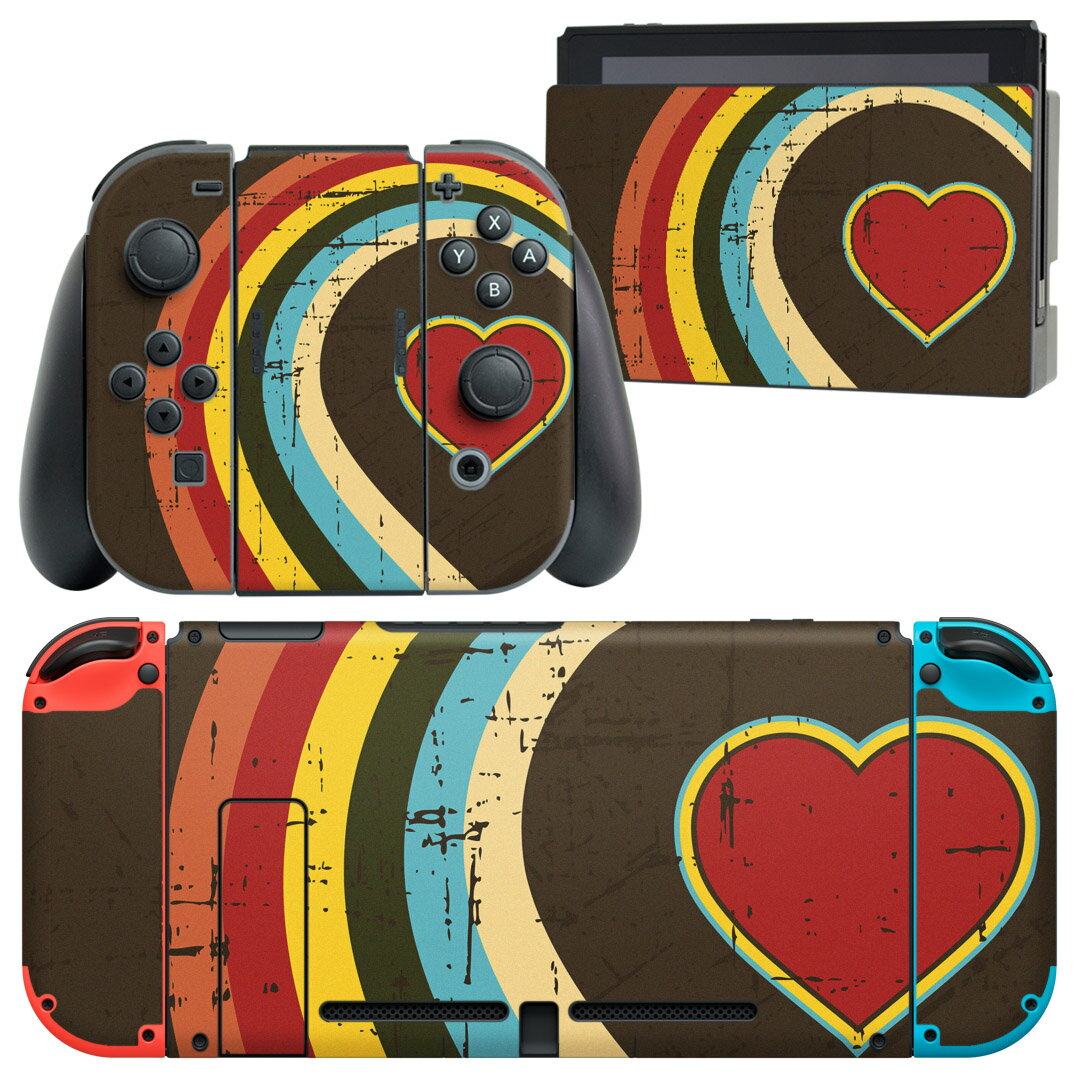 igsticker Nintendo Switch 用 デザインスキンシール 任天堂 ニンテンドー スイッチ 専用 本体ドック Joy-Con Joycon ジョイコン 専用 ゲーム機 カバー アクセサリー フィルム ステッカー 002452 ハート 虹 カラフル