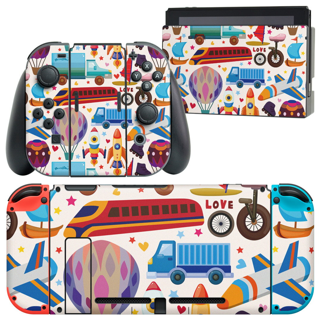 igsticker Nintendo Switch 用 デザインスキンシール 任天堂 ニンテンドー スイッチ 専用 本体ドック Joy-Con Joycon ジョイコン 専用 ゲーム機 カバー アクセサリー フィルム ステッカー 002572 乗り物 イラスト カラフル