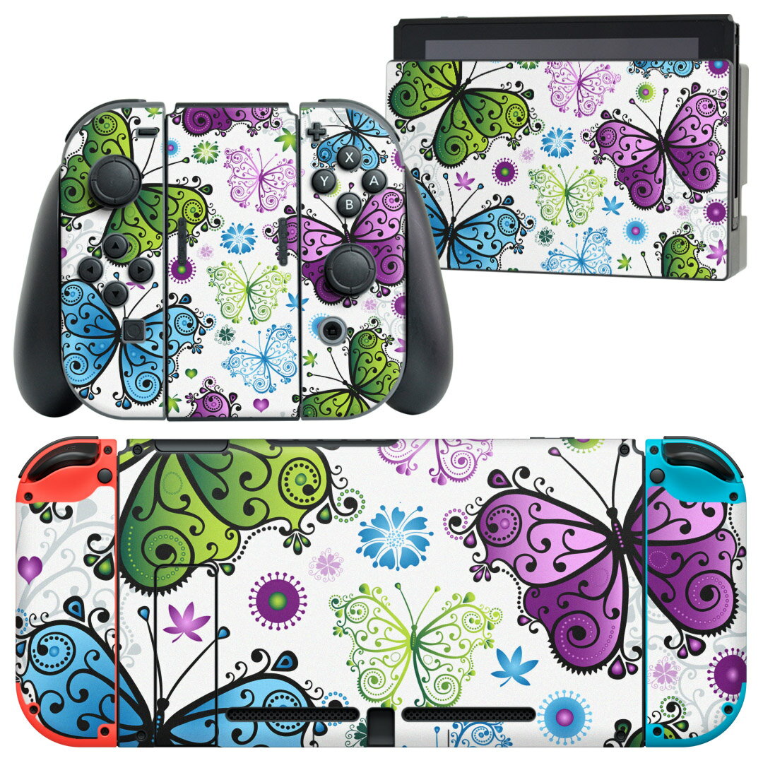 igsticker Nintendo Switch 用 デザインスキンシール 任天堂 ニンテンドー スイッチ 専用 本体ドック Joy-Con Joycon ジョイコン 専用 ゲーム機 カバー アクセサリー フィルム ステッカー 002874 蝶 カラフル 花