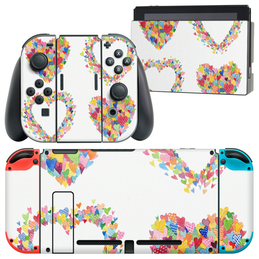 igsticker Nintendo Switch 用 デザインスキンシール 任天堂 ニンテンドー スイッチ 専用 本体ドック Joy-Con Joycon ジョイコン 専用 ゲーム機 カバー アクセサリー フィルム ステッカー 003440 ハート カラフル