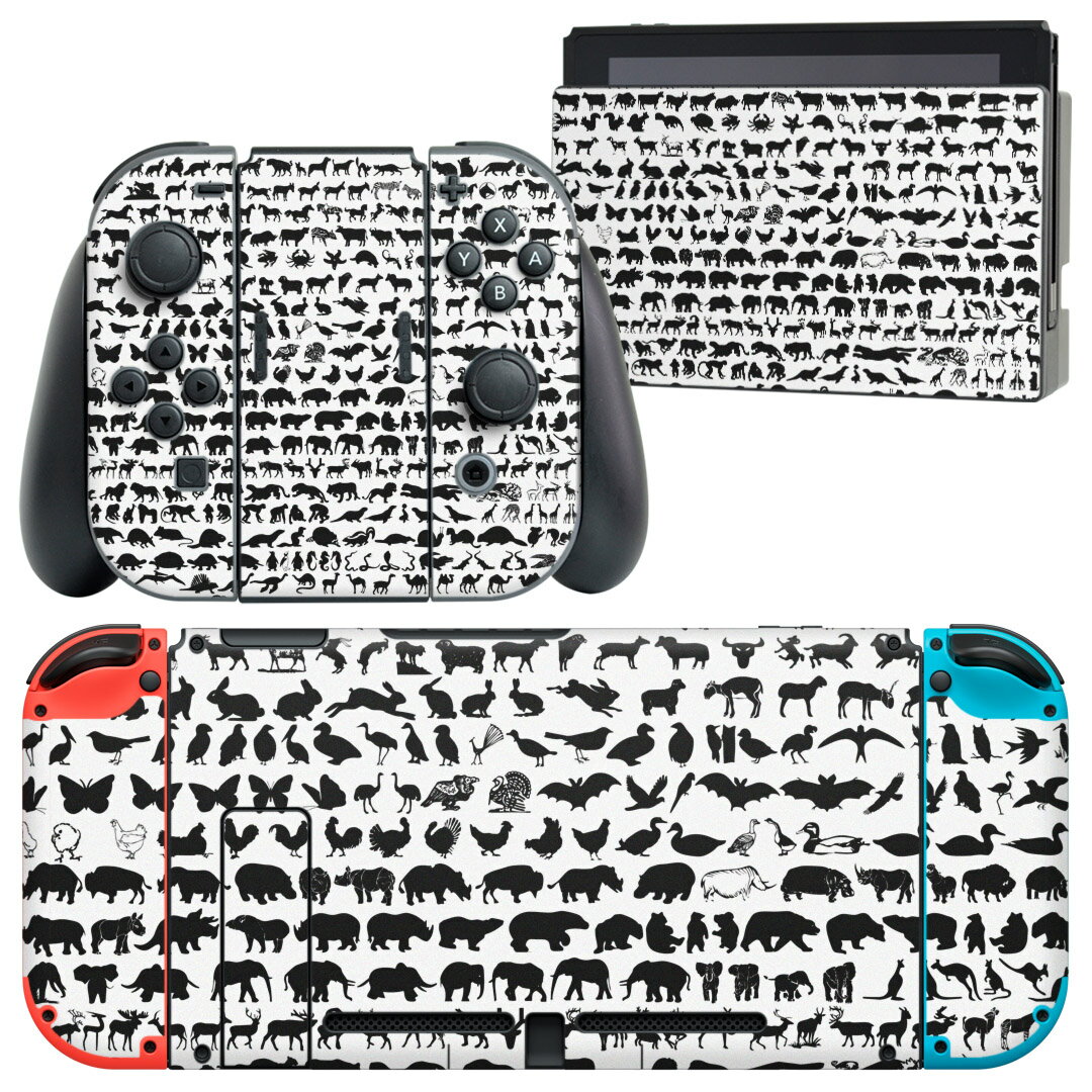 igsticker Nintendo Switch 用 デザインスキンシール 任天堂 ニンテンドー スイッチ 専用 本体ドック Joy-Con Joycon ジョイコン 専用 ゲーム機 カバー アクセサリー フィルム ステッカー 003490 動物　黒　白