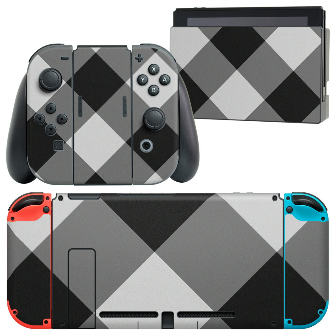 igsticker Nintendo Switch 用 デザインスキンシール 任天堂 ニンテンドー スイッチ 専用 本体ドック Joy-Con Joycon ジョイコン 専用 ゲーム機 カバー アクセサリー フィルム ステッカー 003737 チェック　白　黒