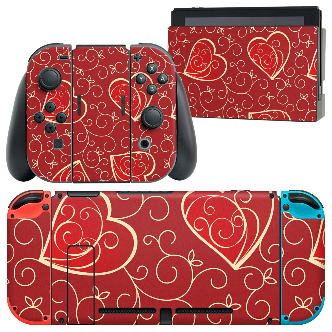 igsticker Nintendo Switch 用 デザインスキンシール 任天堂 ニンテンドー スイッチ 専用 本体ドック Joy-Con Joycon ジョイコン 専用 ゲーム機 カバー アクセサリー フィルム ステッカー 003781 ハート 赤 イラスト