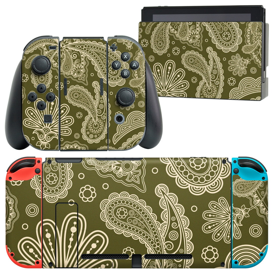 igsticker Nintendo Switch 用 デザインスキンシール 任天堂 ニンテンドー スイッチ 専用 本体ドック Joy-Con Joycon ジョイコン 専用 ゲーム機 カバー アクセサリー フィルム ステッカー 003792 ペイズリー　花　緑