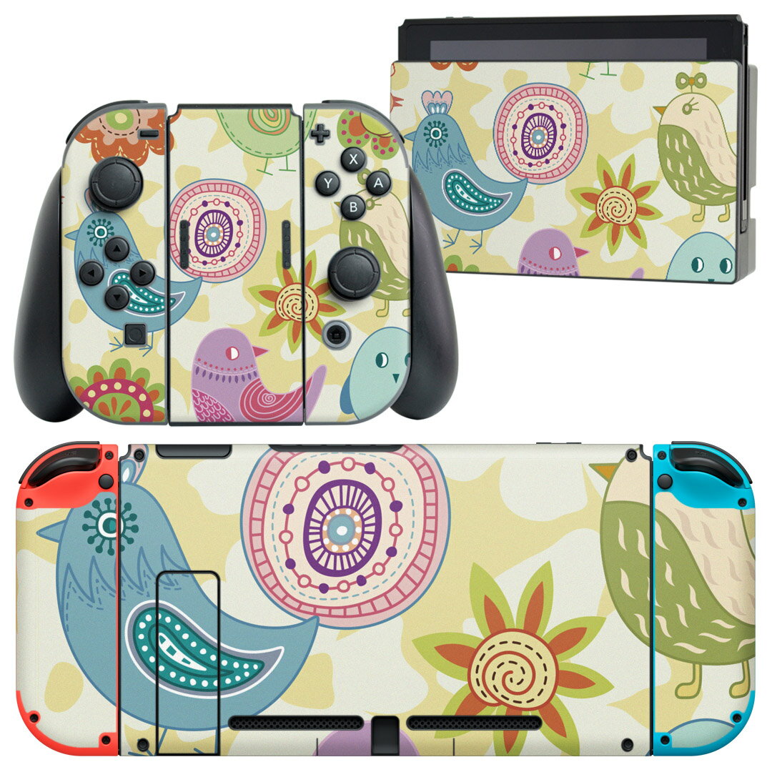 igsticker Nintendo Switch 用 デザインスキンシール 任天堂 ニンテンドー スイッチ 専用 本体ドック Joy-Con Joycon ジョイコン 専用 ゲーム機 カバー アクセサリー フィルム ステッカー 003852 鳥 花 カラフル