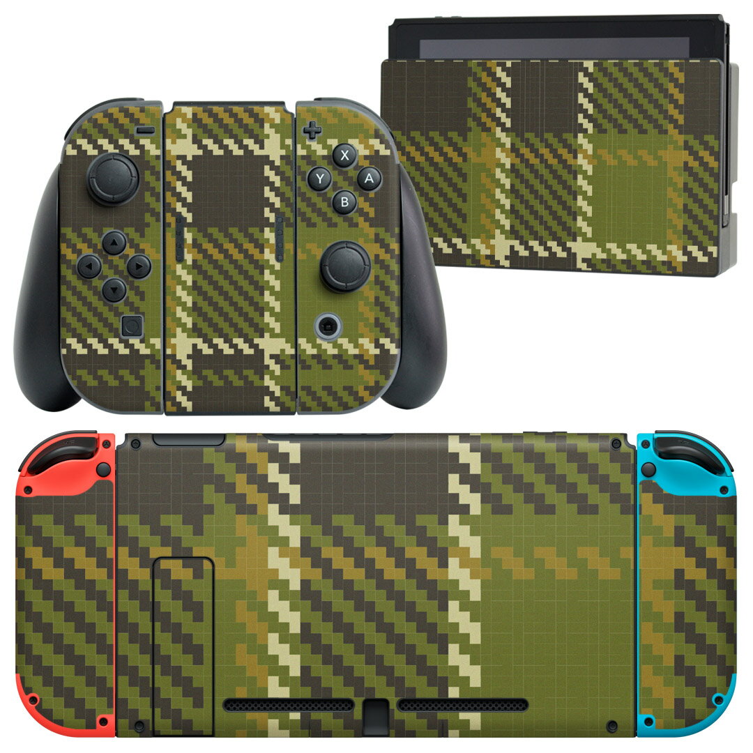 igsticker Nintendo Switch 用 デザインスキンシール 任天堂 ニンテンドー スイッチ 専用 本体ドック Joy-Con Joycon ジョイコン 専用 ゲーム機 カバー アクセサリー フィルム ステッカー 003887 チェック 緑