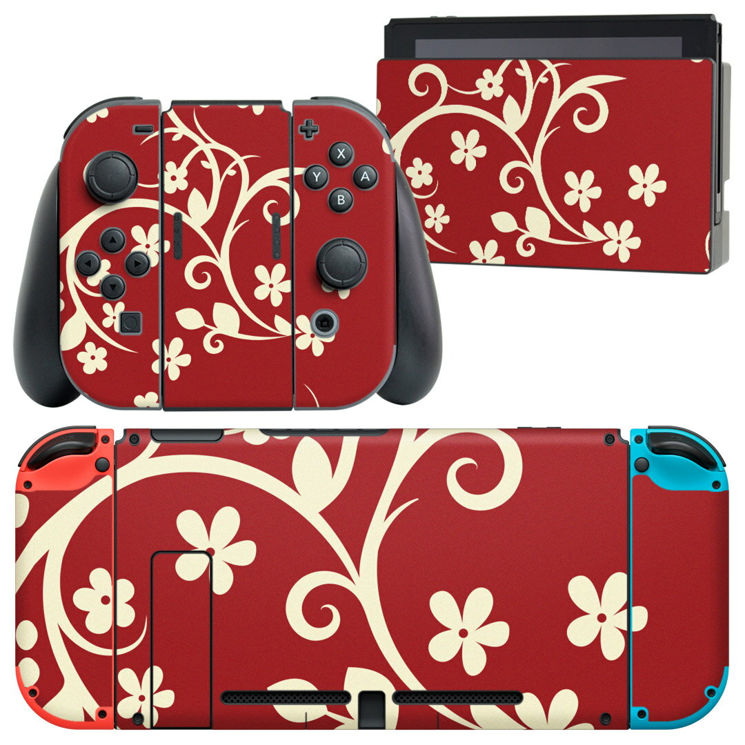 igsticker Nintendo Switch 用 デザインスキンシール 任天堂 ニンテンドー スイッチ 専用 本体ドック Joy-Con Joycon ジョイコン 専用 ゲーム機 カバー アクセサリー フィルム ステッカー 003915 花　　赤