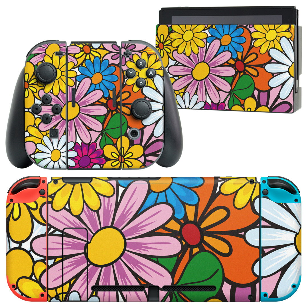 igsticker Nintendo Switch 用 デザインスキンシール 任天堂 ニンテンドー スイッチ 専用 本体ドック Joy-Con Joycon ジョイコン 専用 ゲーム機 カバー アクセサリー フィルム ステッカー 003987 花 カラフル