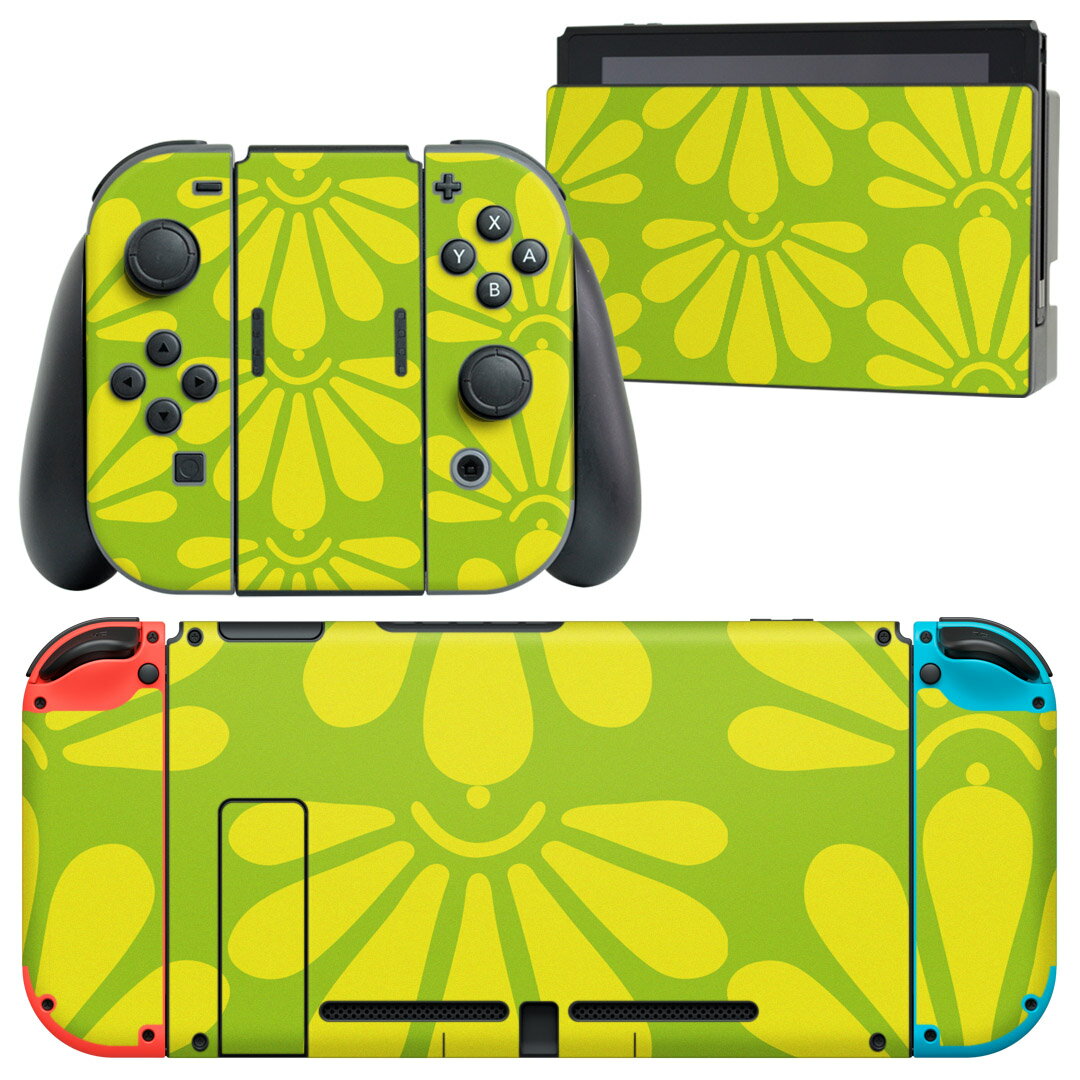 igsticker Nintendo Switch 用 デザインスキンシール 任天堂 ニンテンドー スイッチ 専用 本体ドック Joy-Con Joycon ジョイコン 専用 ゲーム機 カバー アクセサリー フィルム ステッカー 003996 花　　黄色　緑