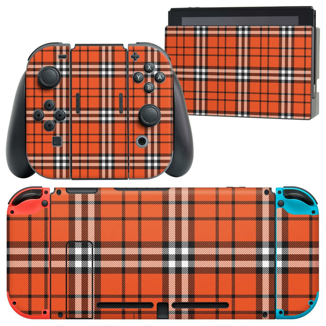 igsticker Nintendo Switch 用 デザインスキンシール 任天堂 ニンテンドー スイッチ 専用 本体ドック Joy-Con Joycon ジョイコン 専用 ゲーム機 カバー アクセサリー フィルム ステッカー 020140 チェック オレンジ