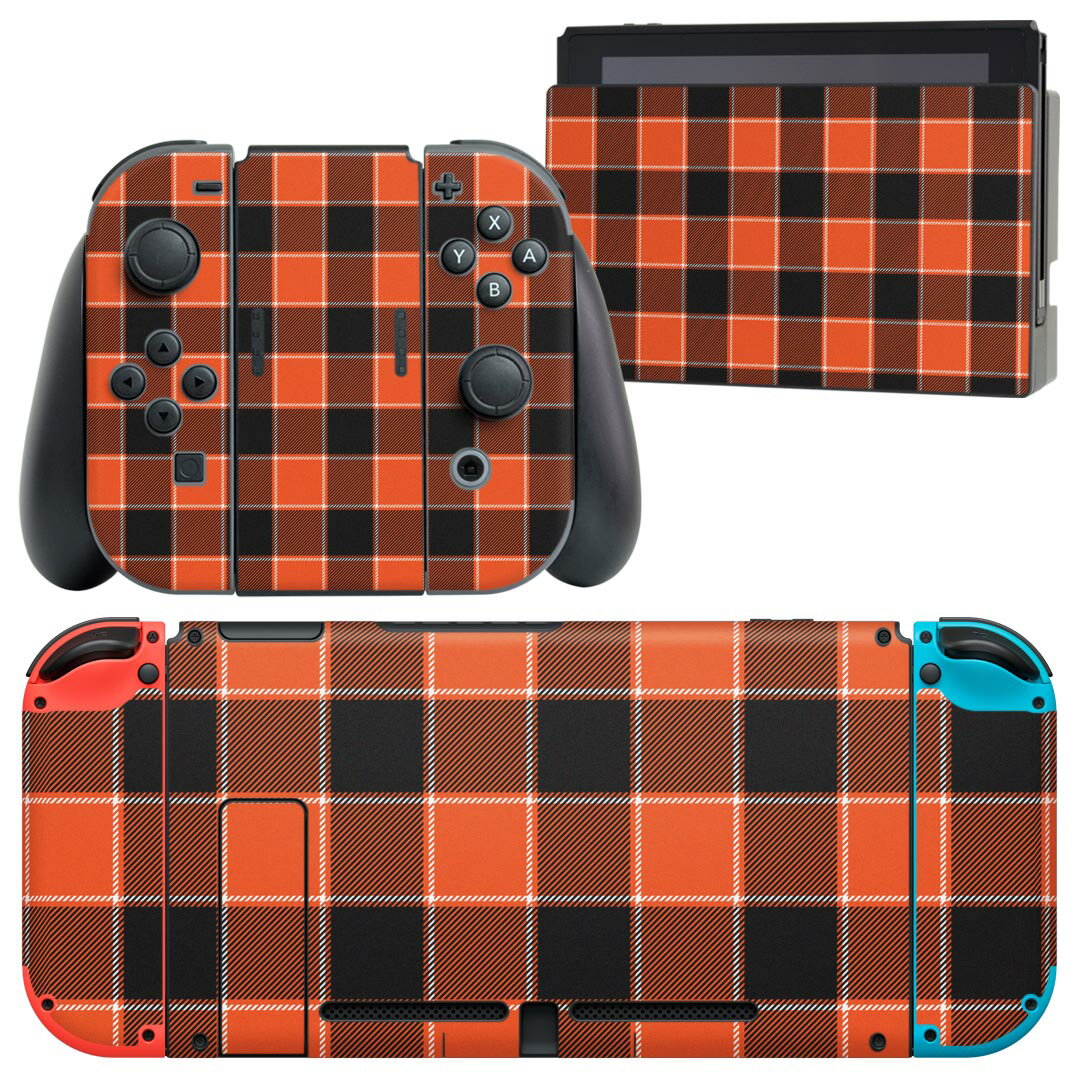 igsticker Nintendo Switch 用 デザインスキンシール 任天堂 ニンテンドー スイッチ 専用 本体ドック Joy-Con Joycon ジョイコン 専用 ゲーム機 カバー アクセサリー フィルム ステッカー 020141 チェック オレンジ