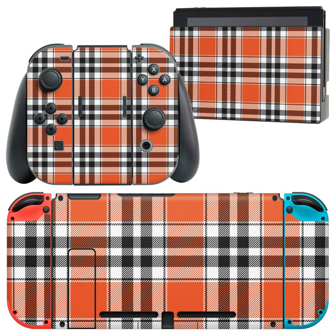 igsticker Nintendo Switch 用 デザインスキンシール 任天堂 ニンテンドー スイッチ 専用 本体ドック Joy-Con Joycon ジョイコン 専用 ゲーム機 カバー アクセサリー フィルム ステッカー 020143 チェック オレンジ