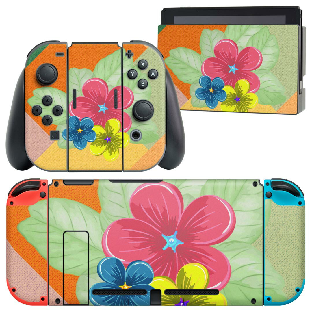 igsticker Nintendo Switch 用 デザインスキンシール 任天堂 ニンテンドー スイッチ 専用 本体ドック Joy-Con Joycon ジョイコン 専用 ゲーム機 カバー アクセサリー フィルム ステッカー 023331 花 フラワー カラフル 模様