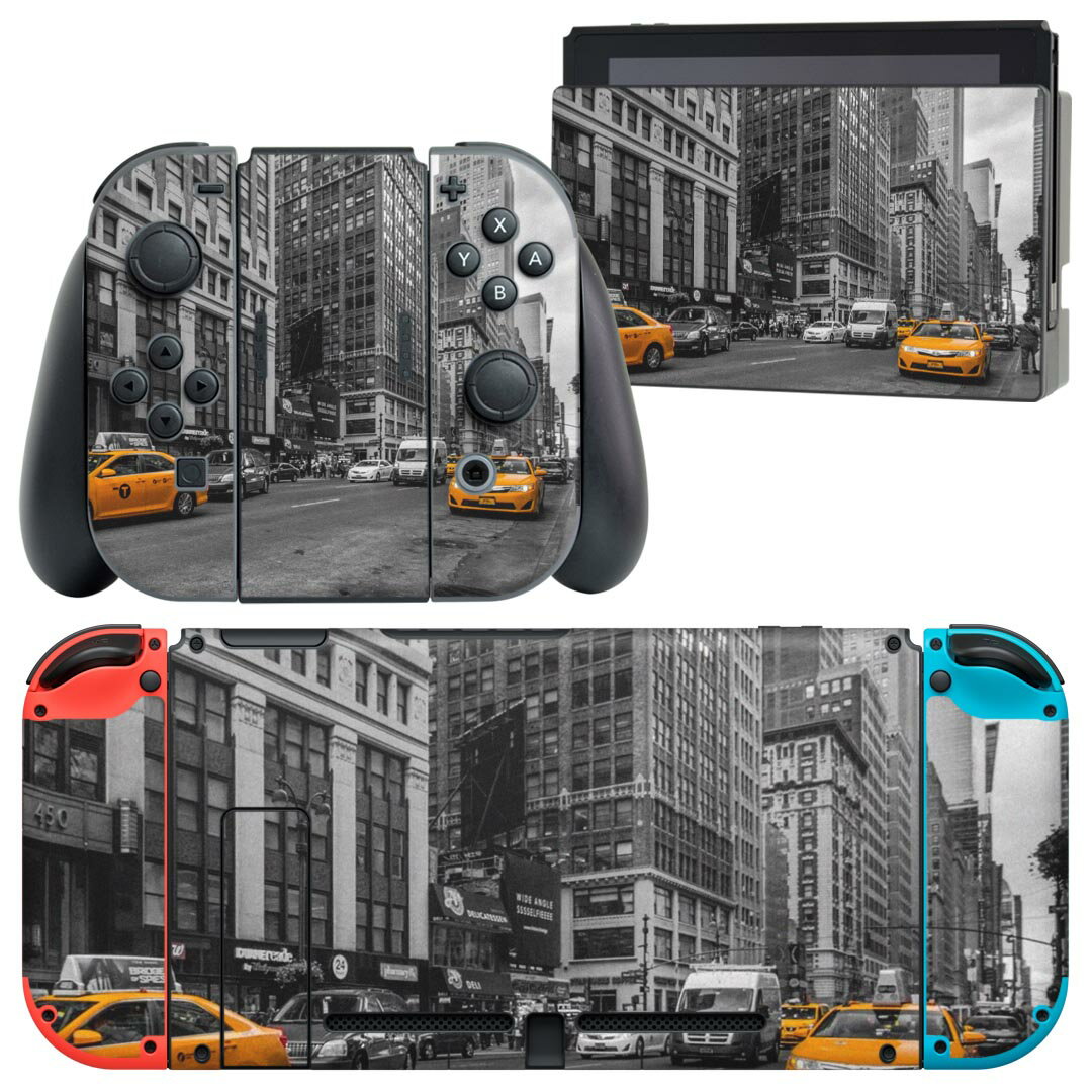 igsticker Nintendo Switch 用 デザインスキンシール 任天堂 ニンテンドー スイッチ 専用 本体ドック Joy-Con Joycon ジョイコン 専用 ゲーム機 カバー アクセサリー フィルム ステッカー 023614 ビル 都市 写真 タクシー