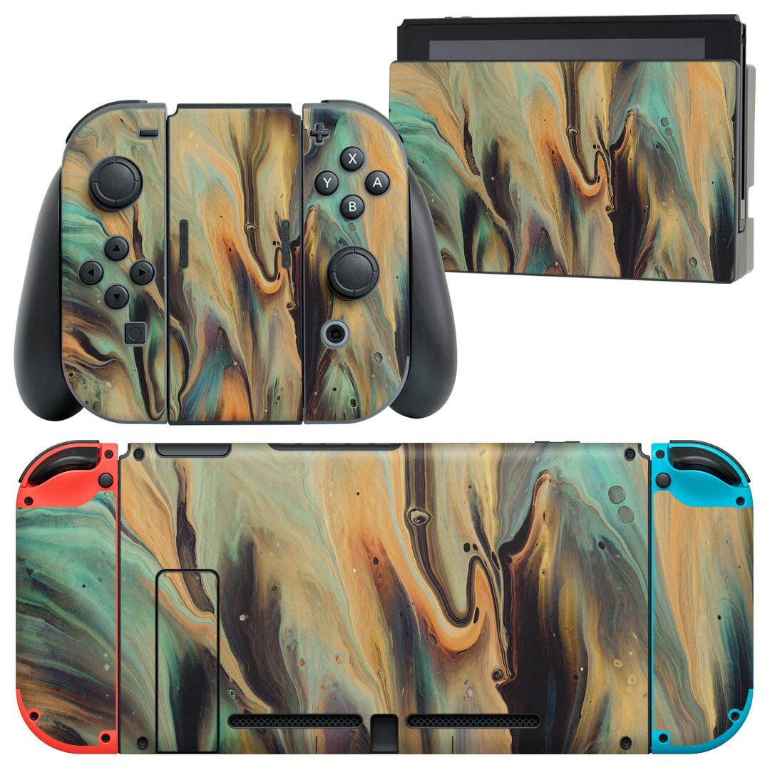 製品名 Nintendo Switch 本体裏面＆ドック正面＆ジョイコン専用 デザインスキンシール セット内容 Nintendo Switch 本体＆ドック＆ジョイコン用スキンシール（各1枚） ニンテンドースイッチ専用です。携帯機のSwitch LiteやProコンには対応していません。 商品特徴 再剥離性シートを素材に採用し、細かな位置調整がしやすく貼り直しが容易です。専用の業務プリンターを使い、商品画像と遜色のない美しい印刷仕上がり。 注意事項 画像はサンプルですので、ご覧の環境によっては多少色味に違いを感じる場合がございます。 イメージと違った、モニターと色味が異なるという理由での交換や返金はご対応出来かねます。スキンシールのみの販売で、ニンテンドースイッチ本体などは付属しません。シワができた場合、ドライヤーなどで軽く温め、外側に向けてシワを伸ばすように貼ってください。初回貼付時の位置調整や貼り直しは可能ですが、しっかりと押し付けて接着させた後の再剥離、再利用は保証しておりません。また接着部に油分や汚れが付着しますと角の部分は剥がれやすくなりますので、貼付時はあまり触れないようにご注意ください。無地のセミグロスシートにデザインをプリントした商品で、デコなどの加工はございません。 凹凸や光沢があるように見えたり布地や金属を素材にしたように見える商品もありますが、デザインの図版によるものです。印刷時に微妙な画像のズレが生じる場合がございます。ご注文後に1点1点制作する受注生産品の為、不良品以外のご返品や交換は固くお断りします。当店における繰り返しの実機テストでは問題ありませんでしたが、経過年数や使用環境により、シールを剥がす際に本体の塗装が一部剥がれる可能性があります。恐れ入りますが、万が一そのような状況になった場合でも当店ではゲーム機本体の保証は出来かねますので、予めご理解の上お求めください。 商品発送 完全受注生産のハンドメイド商品となりますので、既製品と比べて発送までお時間を頂いています。 基本的に決済確認後2?3営業日、最大で10営業日での発送となります。繁忙期や休業日明けの場合はさらに時間がかかる場合があります。 その際には別途メールにてご連絡致します。メール便の場合、発送日から到着までに2?4日ほどかかる場合が多く、紛失などの保障もご対応できかねます。あらかじめご了承下さい。