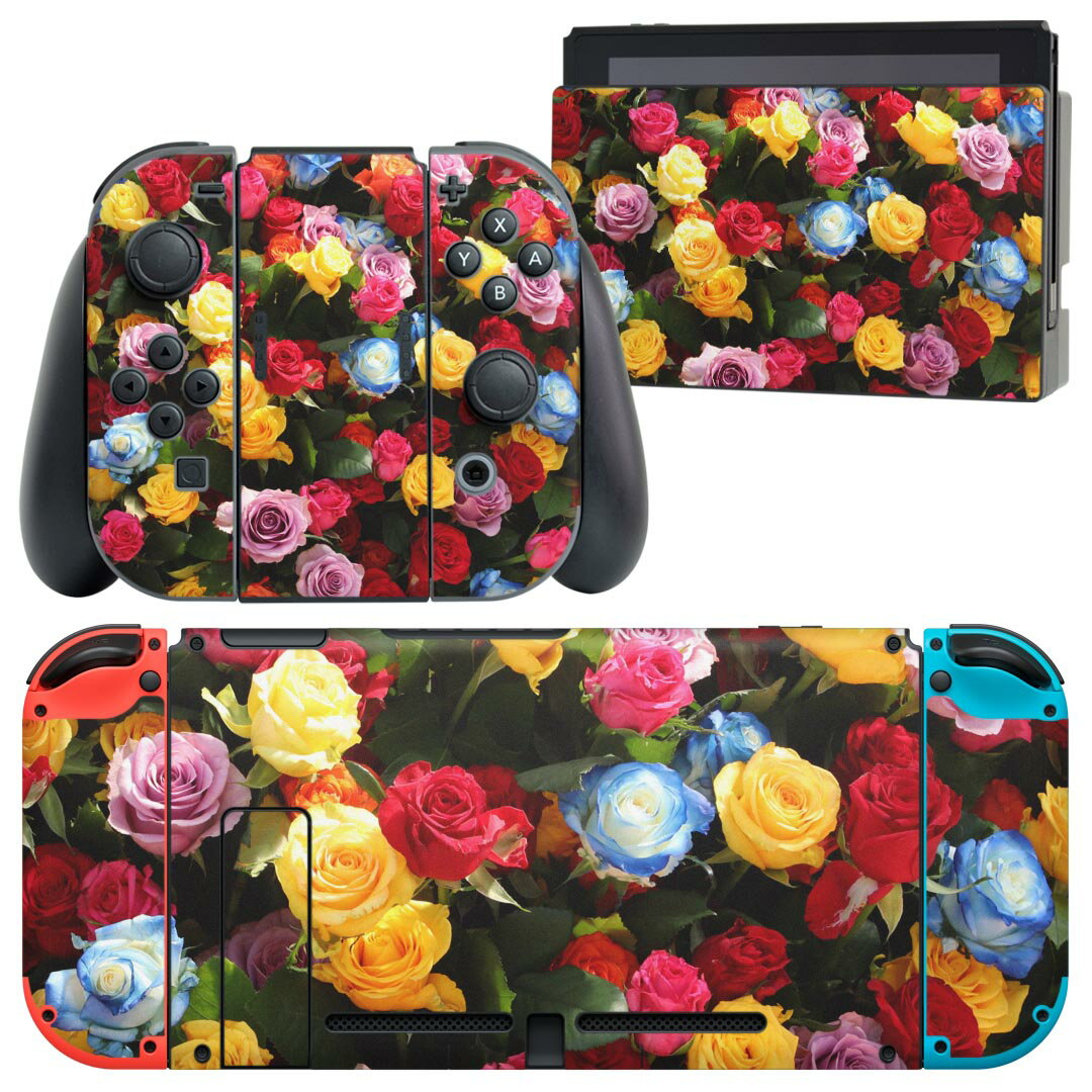 igsticker Nintendo Switch 用 デザインスキンシール 任天堂 ニンテンドー スイッチ 専用 本体ドック Joy-Con Joycon ジョイコン 専用 ゲーム機 カバー アクセサリー フィルム ステッカー 023740 花 フラワー バラ カラフル