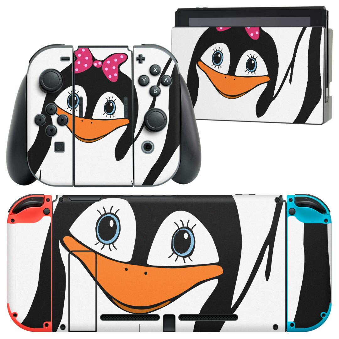 igsticker Nintendo Switch 用 デザインスキンシール 任天堂 ニンテンドー スイッチ 専用 本体ドック Joy-Con Joycon ジョイコン 専用 ゲーム機 カバー アクセサリー フィルム ステッカー 026251 動物　ペンギン　リボン　ドット